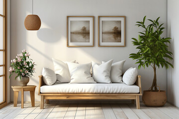 Fototapeta na wymiar Rustic wooden with white cushions. End table and potted plant against white wall with poster frames. Scandinavian interior design of modern living room. Created with generative AI