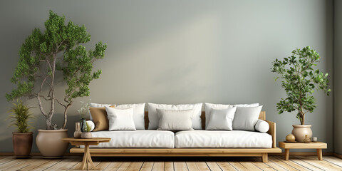 Wooden rustic sofa with white cushions and potted tree against wall with copy space. Scandinavian interior design of modern stylish living room. Created with generative AI