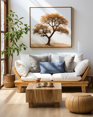 Cozy loveseat sofa and wooden coffee table against window. Poster frame on white wall. Scandinavian interior design of modern stylish living room. Created with generative AI