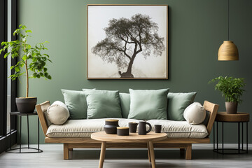 Rustic sofa with green pillows and side tables near dark green wall with poster frame. Scandinavian interior design of modern stylish living room. Created with generative AI