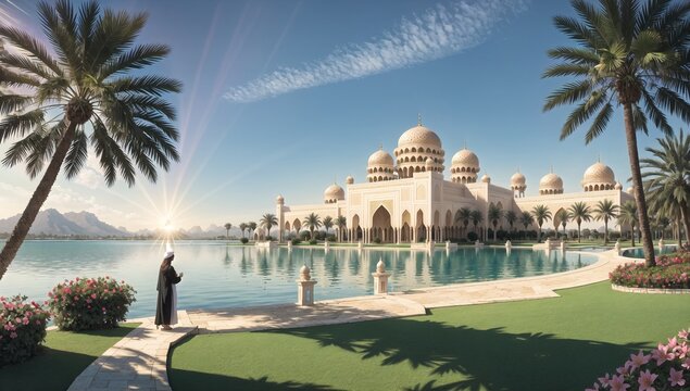 A palace is situated in a beautiful lake, surrounded by a garden that includes trees, palm trees, and flowers, with Islamic architecture at its heart.
