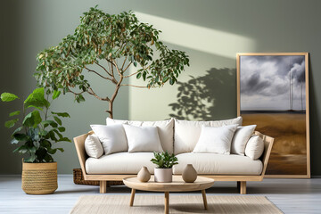 White sofa and round coffee table against green wall. Scandinavian interior design of modern stylish living room. Created with generative AI