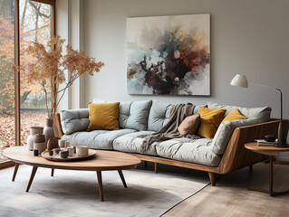 Cozy sofa with grey cushions and orange pillows against floor to ceiling window. Scandinavian interior design of modern stylish living room. Created with generative AI