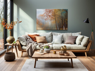 Wooden sofa with pillows and blanket against wall with art poster. Scandinavian interior design of modern stylish living room. Created with generative AI