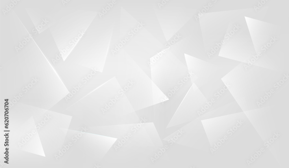Poster Abstract White Background with 3d Silver Triangles. Minimalist Simple Bg with Light Effect. Vector Geometrical Background