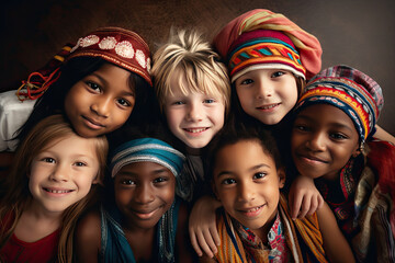An ethnically diverse group of happy children. AI generated image