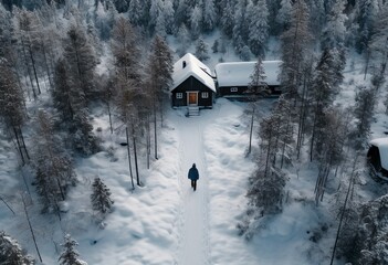 Drone Photo of Man at Winter Cabins Are Sweden - obrazy, fototapety, plakaty