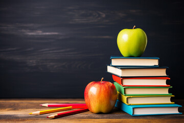 stack of books and pencils on school table against blackboard with an apple on top. Back to school concept, learning. High quality photo - Powered by Adobe