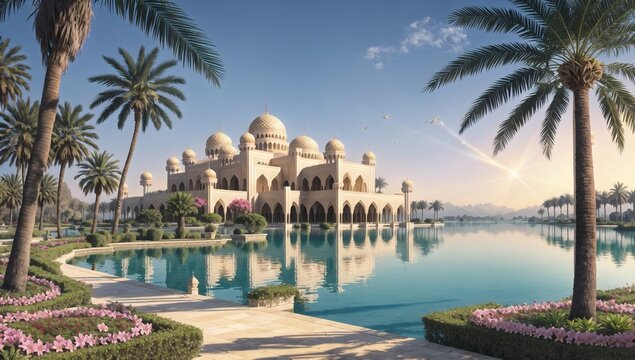 There is a palace in a lake, surrounded by a garden filled with trees, palm trees, and flowers, adorned with Islamic architecture.

