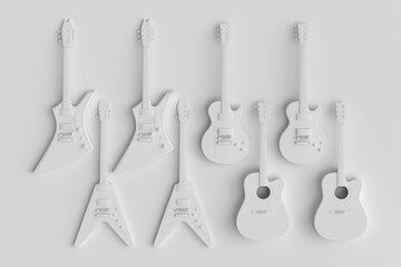 Set of electric acoustic guitars isolated on monochrome background.