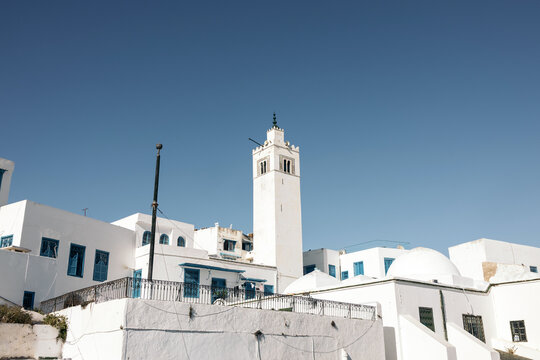 White and blue houses in the streets of Sidi Bou Said, Tunisia