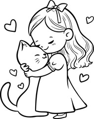 Girl with cat vector illustration. Black and white outline Girl with cat coloring book or page for children