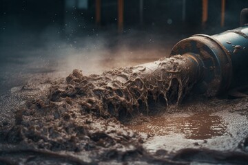 Large pump pipe releasing sludge and sand onto ground for sewage maintenance and industrial pollution. Generative AI - obrazy, fototapety, plakaty