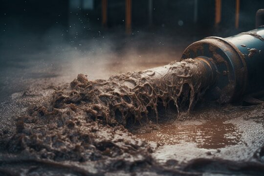 Large pump pipe releasing sludge and sand onto ground for sewage maintenance and industrial pollution. Generative AI
