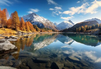 Fototapeta premium Panoramic view of Lake Sils Silsersee in autumn