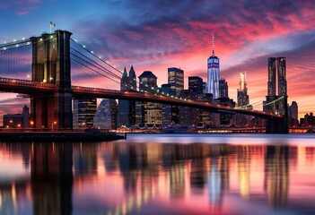 Brooklyn Bridge and Lower Manhattan skyline at dus