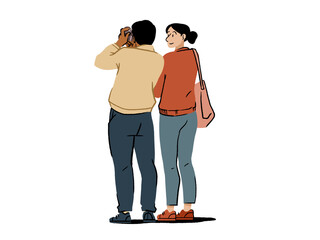 Young couple photographing against white background