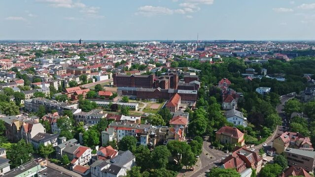 Drone shot of Gedenkst&auml;tte ROTER OCHSE or RED OCHSE Memorial in Halle (Saale) , Germany . Roter Ochse ( The Red Ox , today JVA Halle I ) is a prison in Halle (Saale)