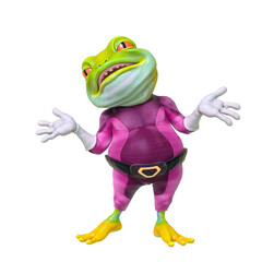 super frog is standing up and singing