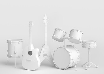 Set of electric acoustic guitars and drums with cymbals on monochrome background