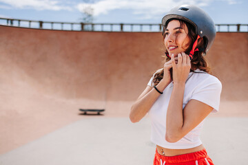 Cheerful teen putting her helmet on and fastening it before skating