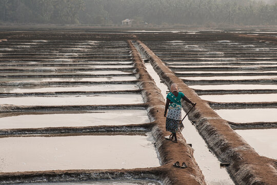 A morning of a worker at salt field.