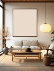 Japanese minimalist style living room with white blank poster on the wall