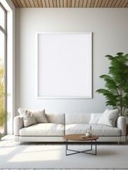 Japanese minimalist style living room with white blank poster on the wall