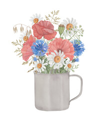 Bouquet of wild herbs, cornflowers, poppies, daisies in a metal cup