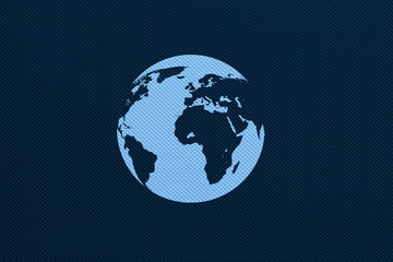 The image of the light blue globe on a dark blue pressed metal industrial background, world map, sign, simple