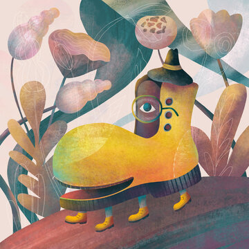 Yellow boot fairy character in hat