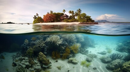Tropical Island And Coral Reef Split