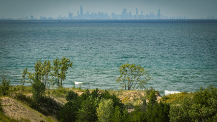 Chicago skyline viewed from over 30 miles (50 km) across Lake Michigan | Indiana Dunes National...