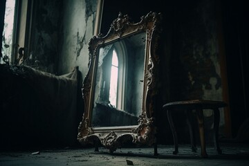 A mystical mirror in an abandoned room. Generative AI