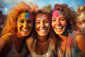 Fototapeta premium Close up of beautiful girls celebrating Holi festival of colors in India. The arrival of spring, the victory of good, happiness. Generative AI.