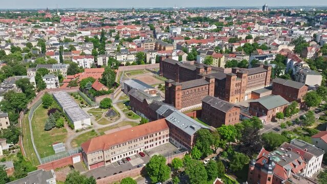 Drone shot of Gedenkst&auml;tte ROTER OCHSE or RED OCHSE Memorial in Halle (Saale) , Germany . Roter Ochse ( The Red Ox , today JVA Halle I ) is a prison in Halle (Saale)