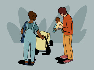 Illustration of loving family with baby and stroller