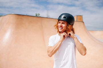 Smiling curly ginger hair skater boy putting her helmet on 