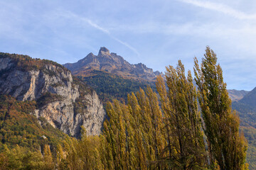 Scenic autumn view of picturesque Swiss Alps in Switzerland