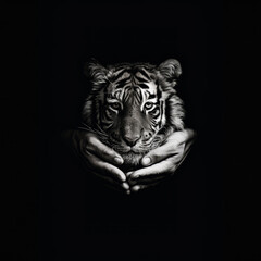 A man gently holds a tiger's head in his hands on a black background. Generative AI.