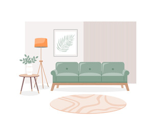 Triple green sofa, round carpet, wooden table, floor lamp against background of wall and picture with floral ornaments. Vector illustration of living room interior in classic style.