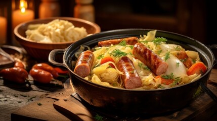 Choucroute Garnie with steaming sauerkraut, sausages, and side vegetables on a rustic wooden table