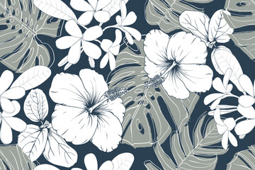 Seamless pattern vintage with hibiscus frangipani flowers and monstera green leaf background.Vector illustration hand drawing. Fabric pattern print design.