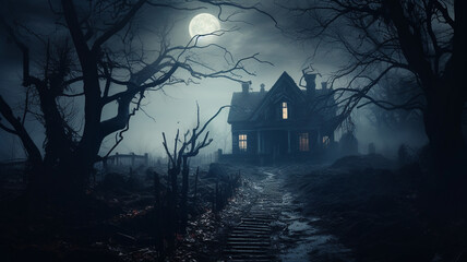 haunted house in the woods with moonlight  - obrazy, fototapety, plakaty