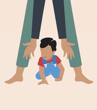 Parent guiding child's first steps in milestone moment of growth