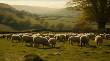 Obraz premium a flock of sheep graze in the pasture.Generative AI