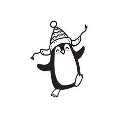 Cute cartoon penguin isolated on white. Doodle illustration for kids or babies t-shirt design, room decoration, Christmas cards. Vector