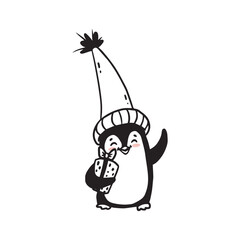 Cute cartoon penguin with gift isolated on white. Doodle illustration for kids or babies t-shirt design, room decoration, Christmas cards. Vector