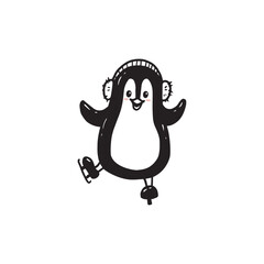 cute cartoon penguin is skating. Illustration in doodle style for christmas card. Vector