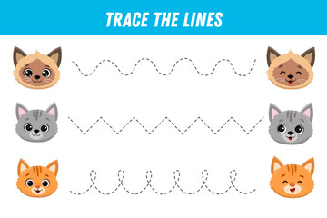 Tracing lines for kids. Cute cats. Cartoon kitten.Handwriting practice. Educational game for preschool kids. Activity page. Vector illustration. 